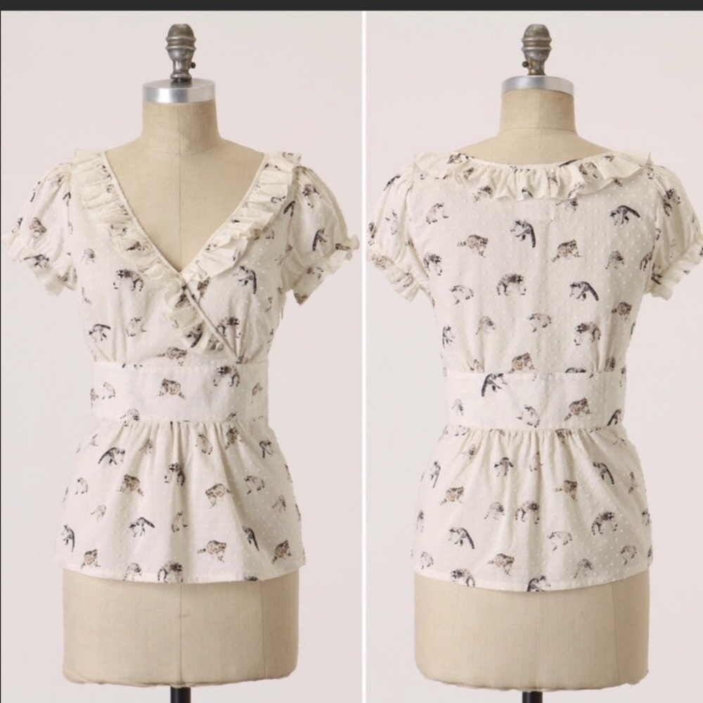 Anthropologie Cream Blouse with Black Pattern